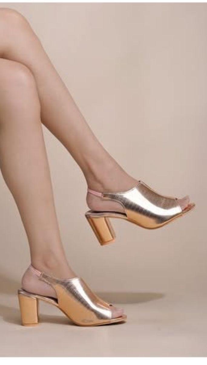 Rose gold peep-toe block heel sandals